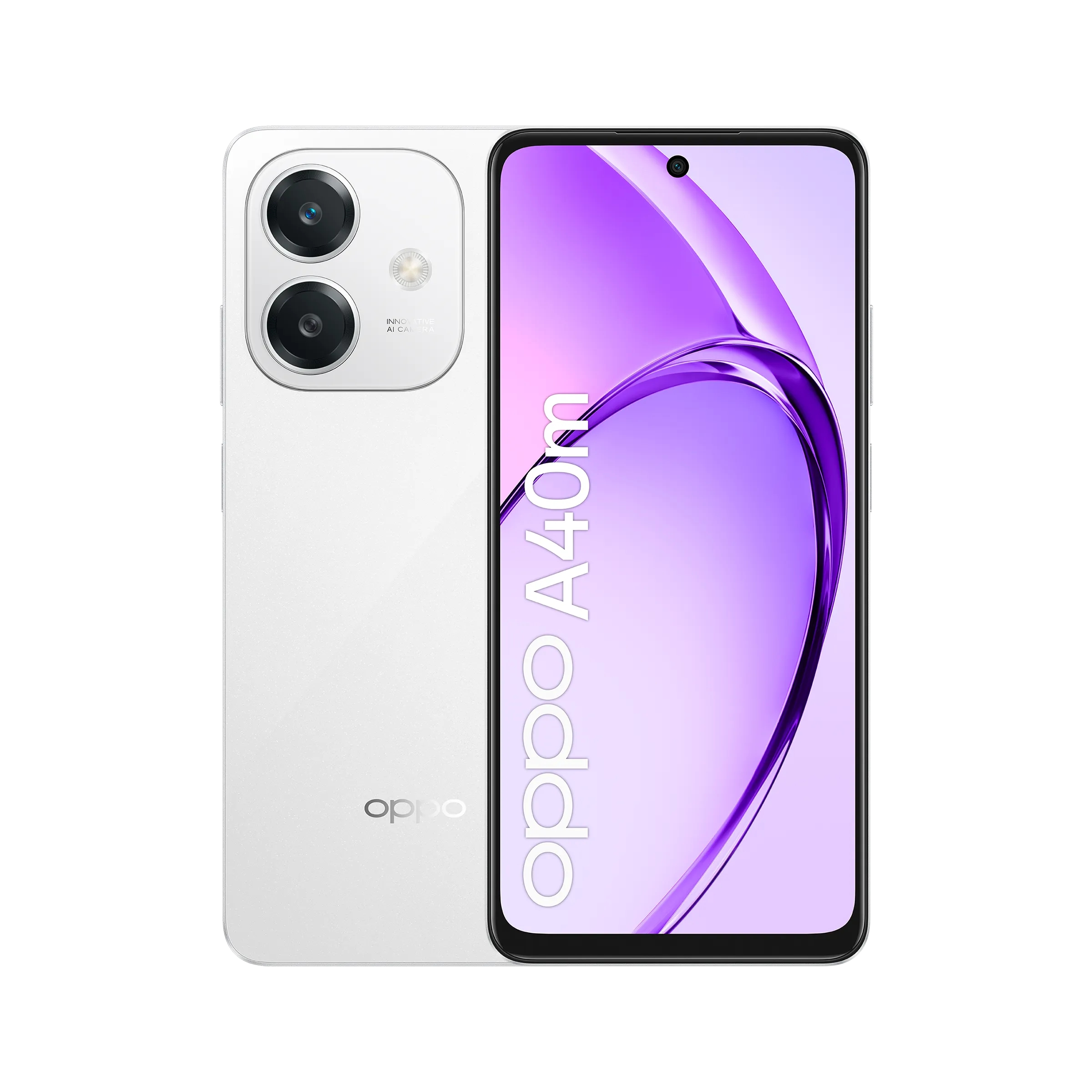 Teléfono Oppo A40m blanco sobre fondo blanco. Pantalla muestra diseño de onda púrpura.