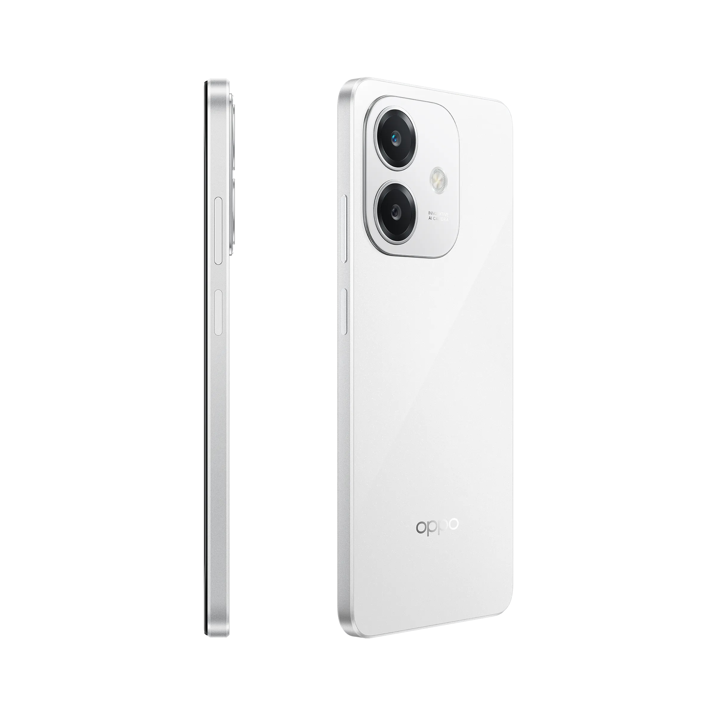 Un teléfono inteligente blanco con vista lateral y vista trasera, aislado en blanco.