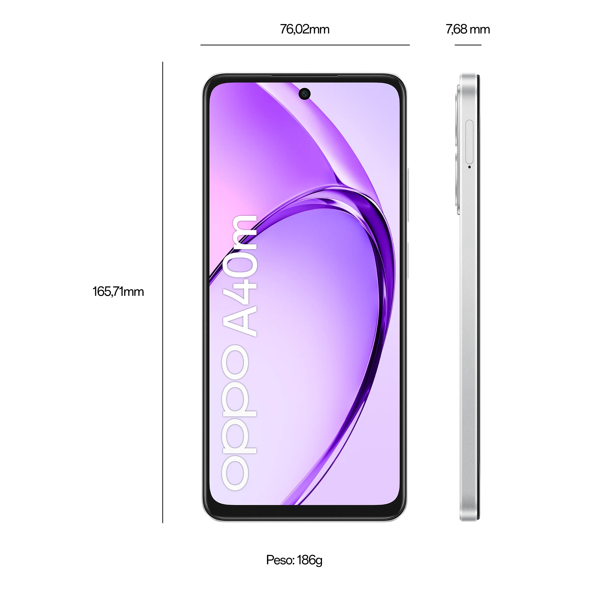 Teléfono Oppo A40n. La pantalla muestra la pantalla. Cuerpo verde con dimensiones. Vista lateral.