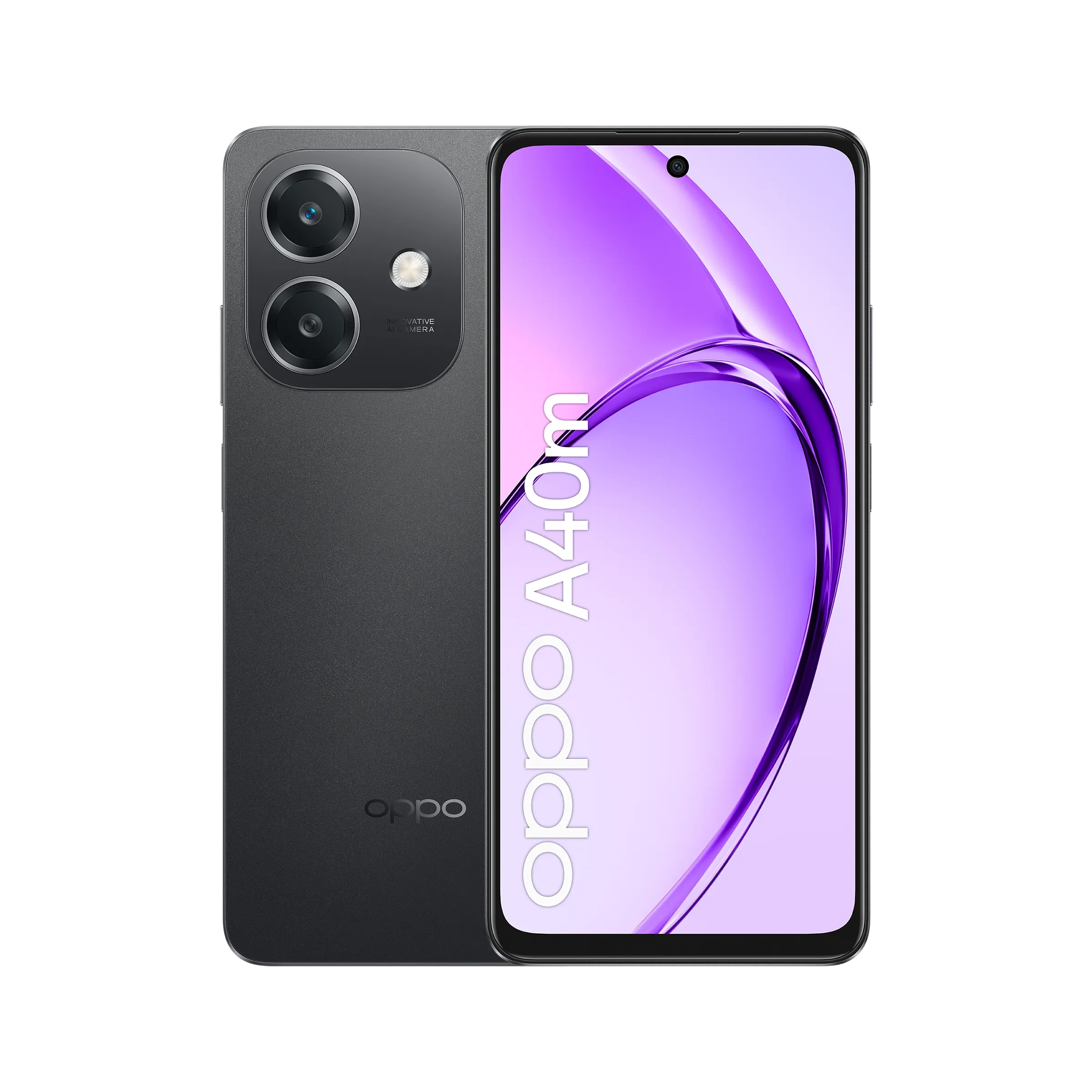 Teléfono Oppo A40m con dos cámaras traseras y una pantalla que muestra un diseño morado. Fondo blanco.