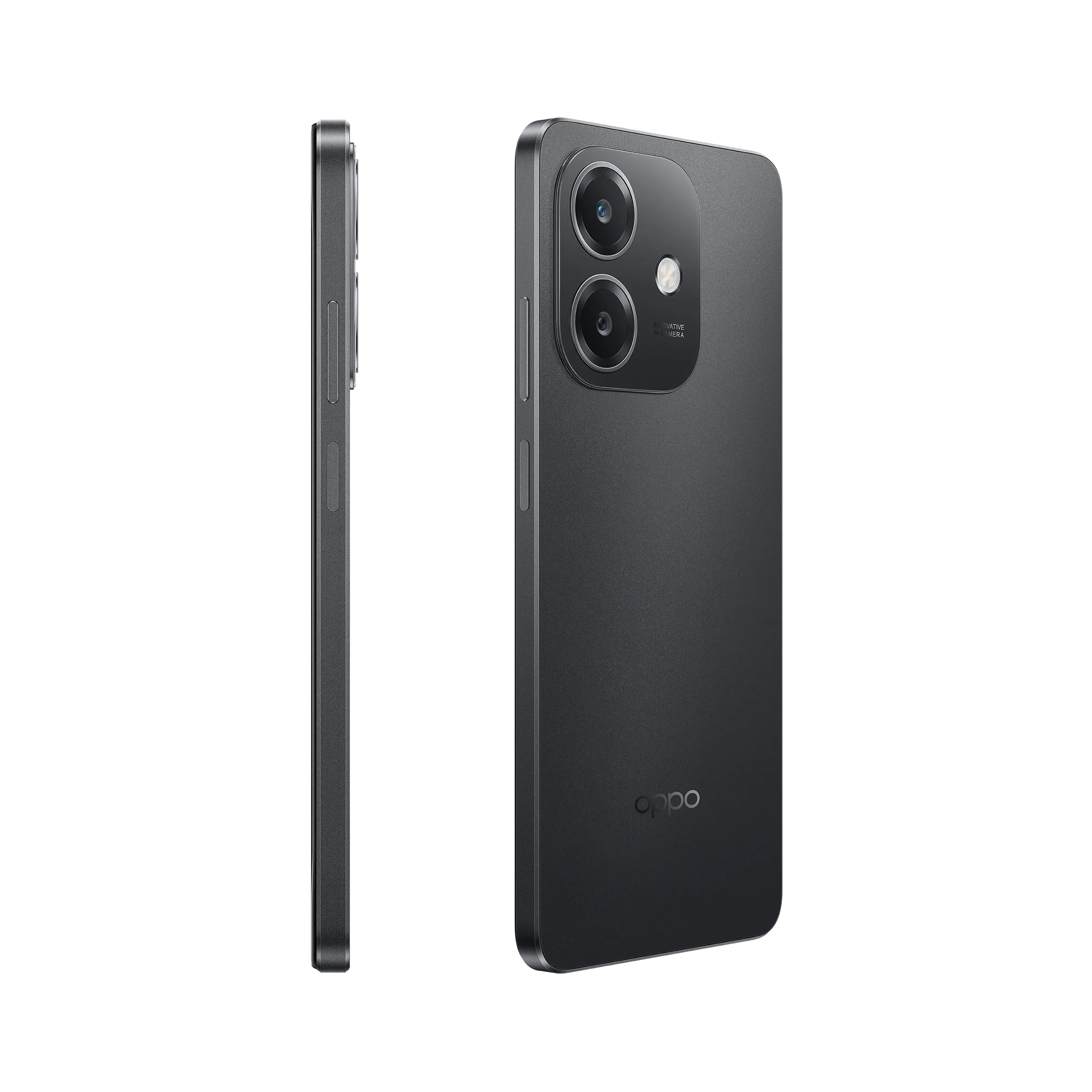 Un teléfono gris oscuro con vista lateral y vista trasera con dos cámaras.