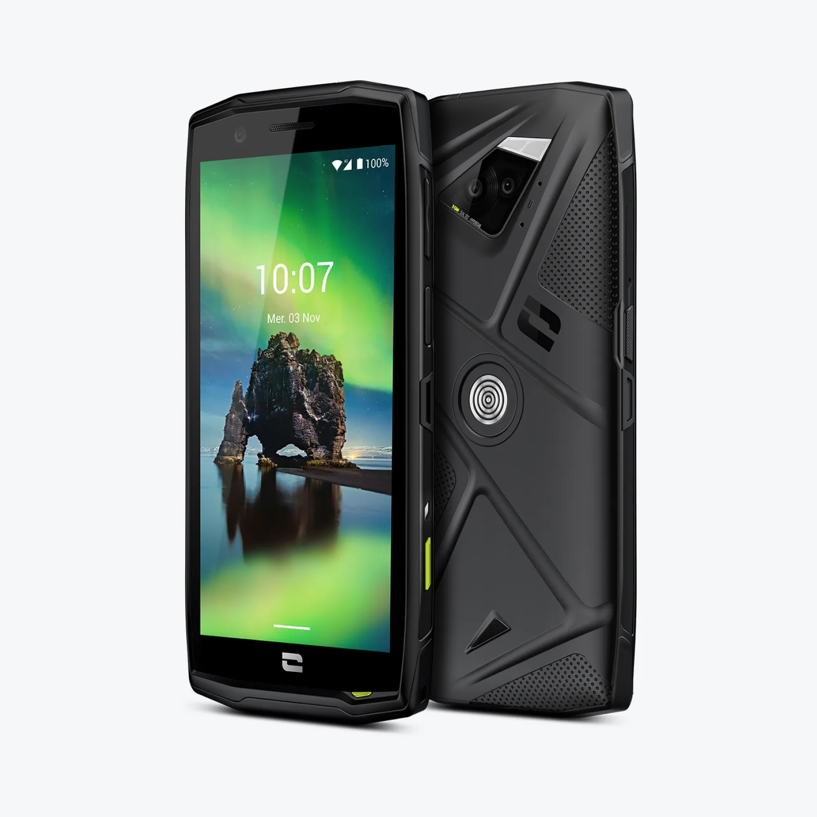 Schwarzes Smartphone. Vorne: Landschaft. Hinten: Robustes Design.