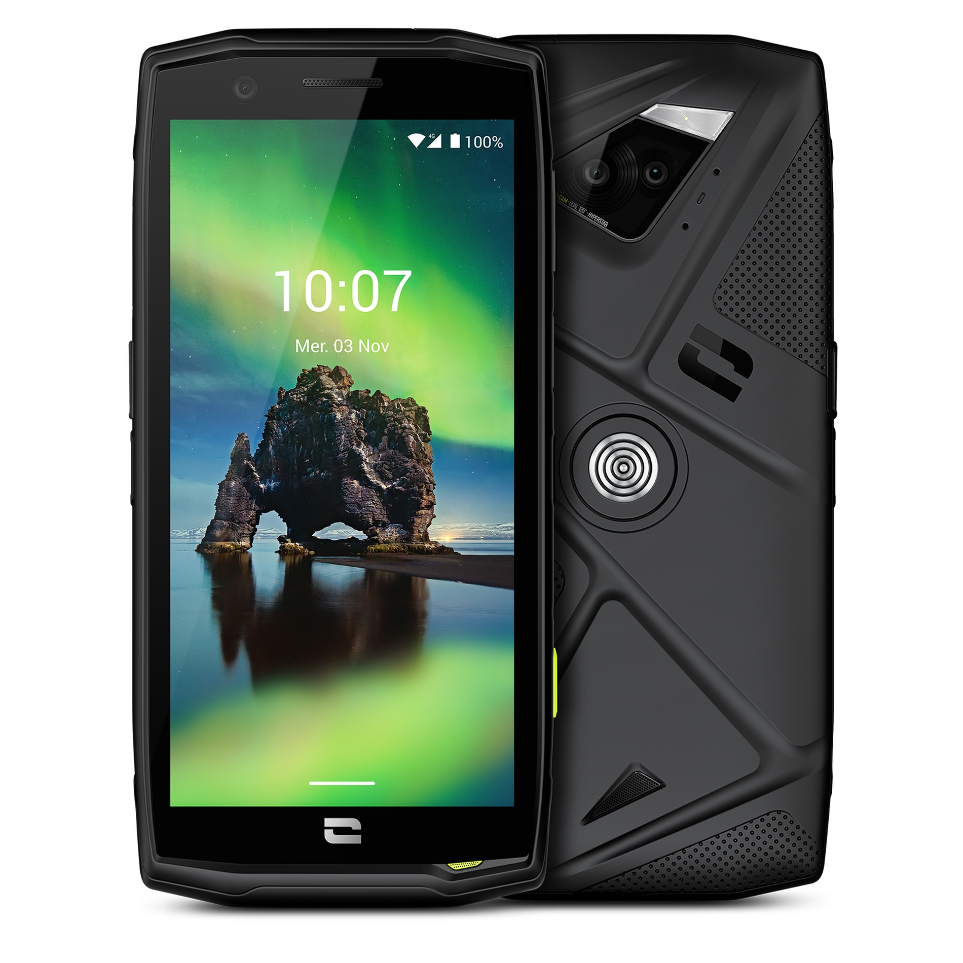Schwarzes Smartphone mit einem Bildschirm, der eine Felsformation zeigt.