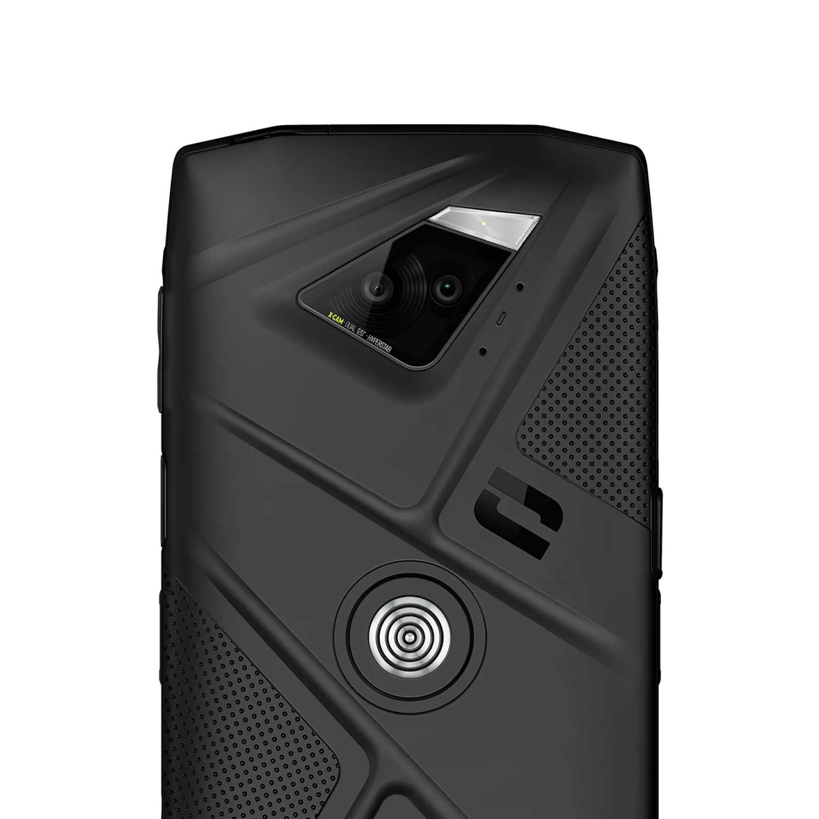 Die Rückseite eines schwarzen Telefons mit zwei Kameras. Es hat ein robustes, strukturiertes Design.
