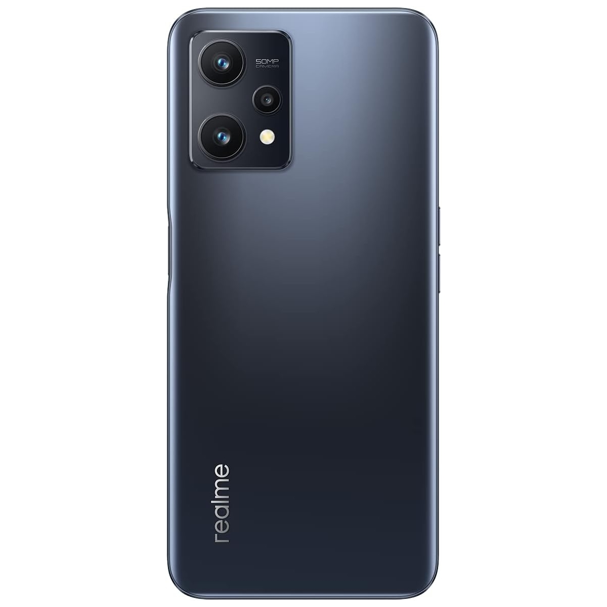 Rückseite eines schwarzen Smartphones. Mehrere Kameralinsen sind sichtbar, plus das Realme-Logo.