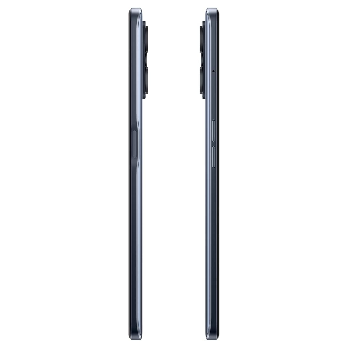Zwei Telefone, Seitenansicht. Sie sind dunkelgrau mit einem schlanken Design. Die Seiten haben Knöpfe und eine Kamera.