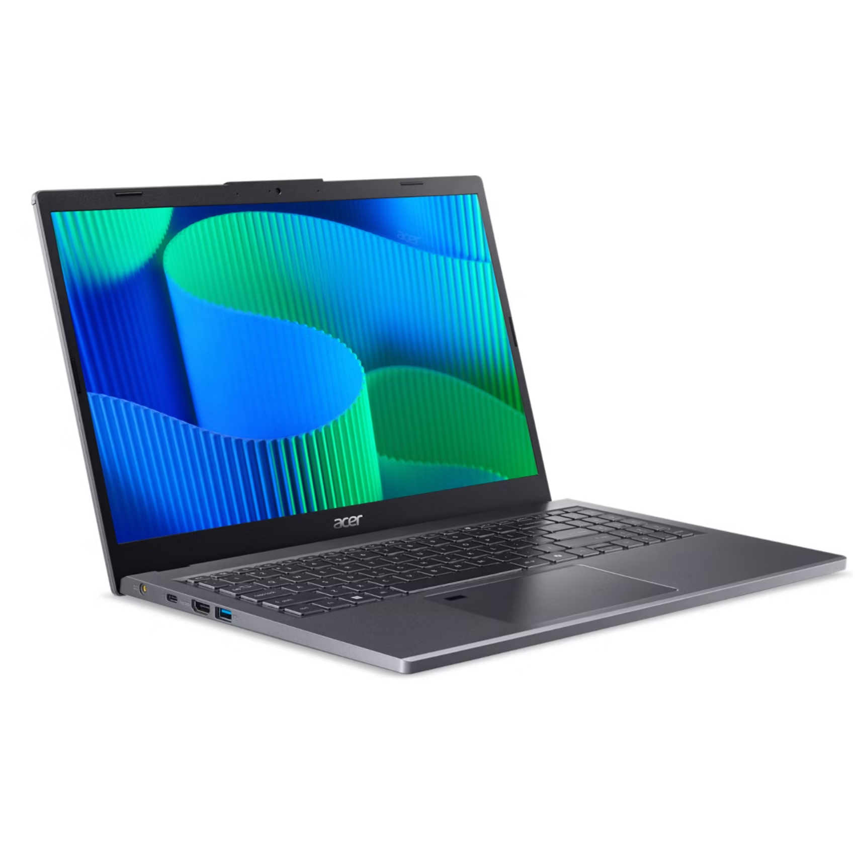 Un laptop aperto con uno sfondo astratto blu e verde sullo schermo, su uno sfondo bianco.