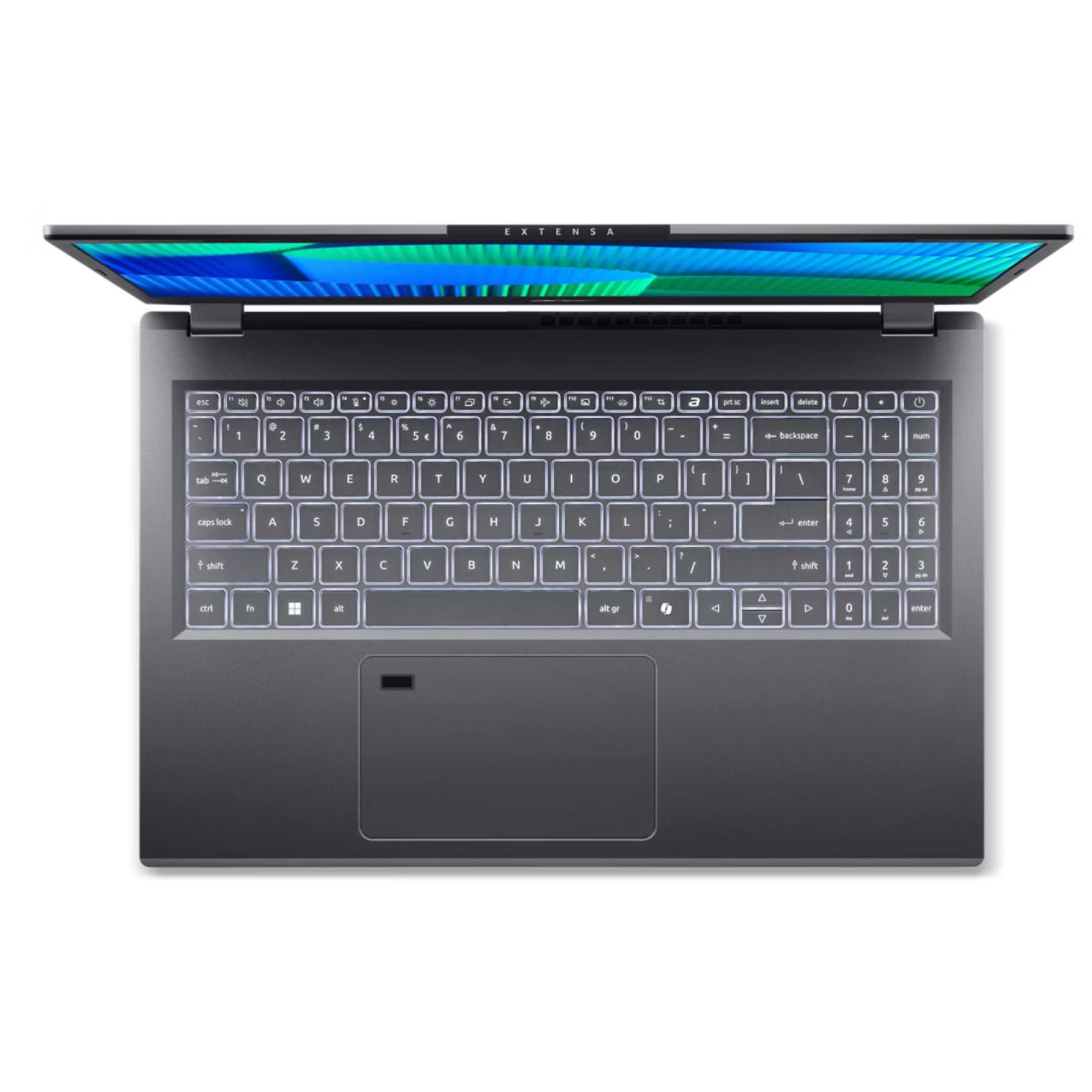 Un laptop argento aperto con tastiera e trackpad. Lo schermo mostra un motivo blu e verde.