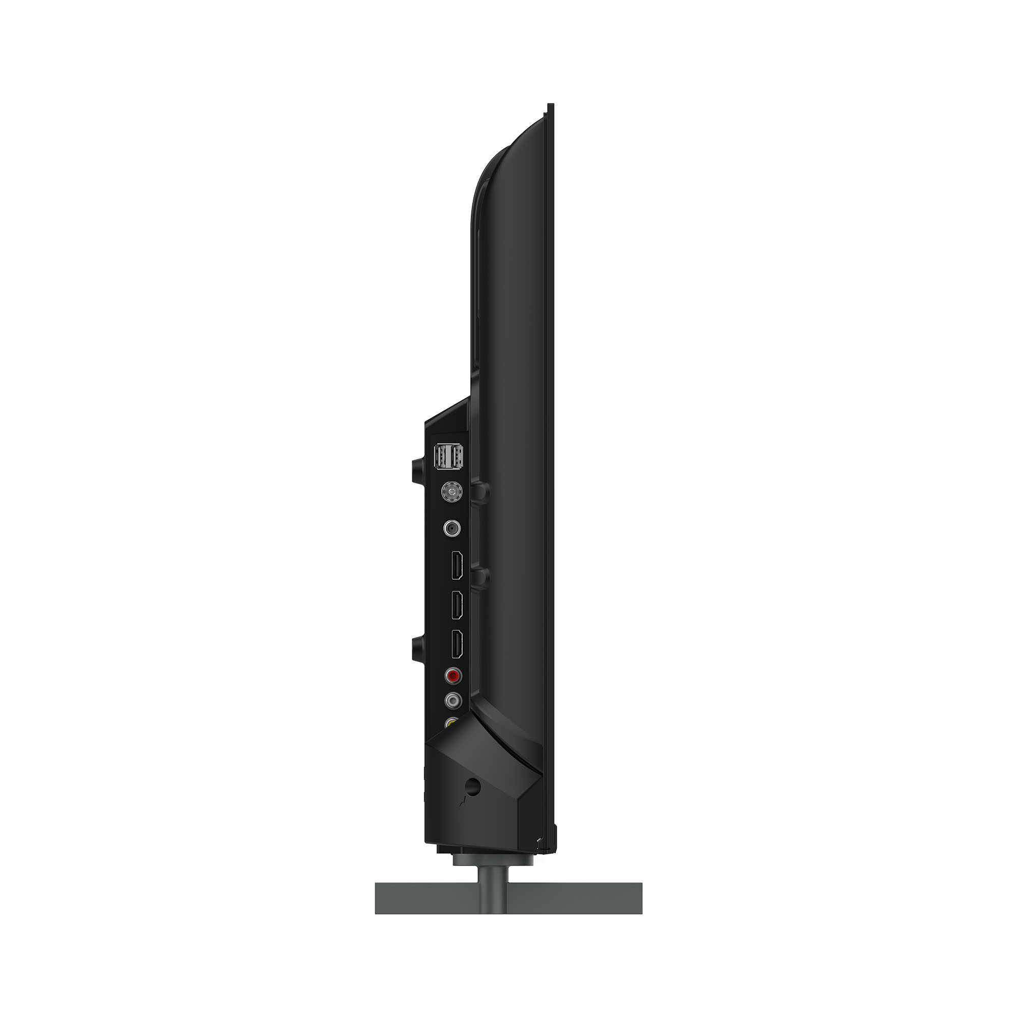 TV nero vista laterale. Porte, connettori e supporto sono visibili.