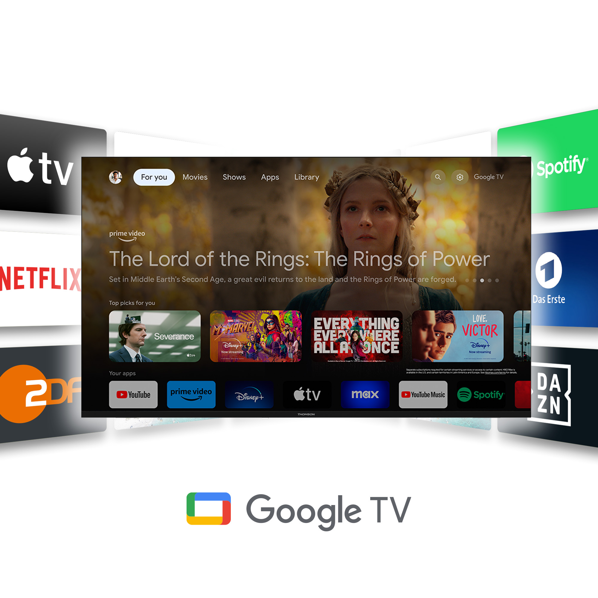 TV-Bildschirm, der 'Der Herr der Ringe' anzeigt, mit App-Symbolen drumherum. Google TV-Logo unten.