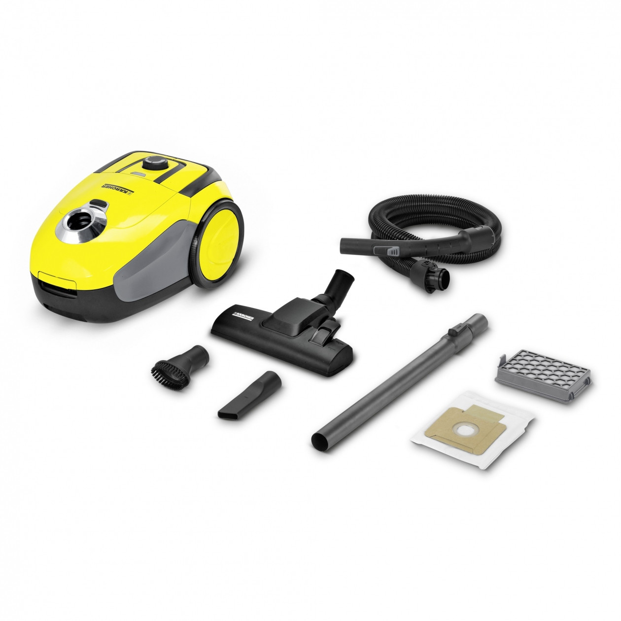 Un aspirapolvere Kärcher giallo e grigio con vari accessori, il tutto su sfondo bianco.