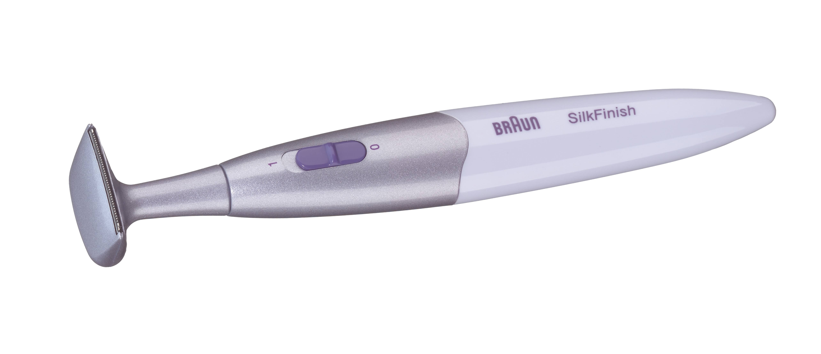 Un epilatore Braun SilkFinish bianco e argento, con pulsante di accensione viola.