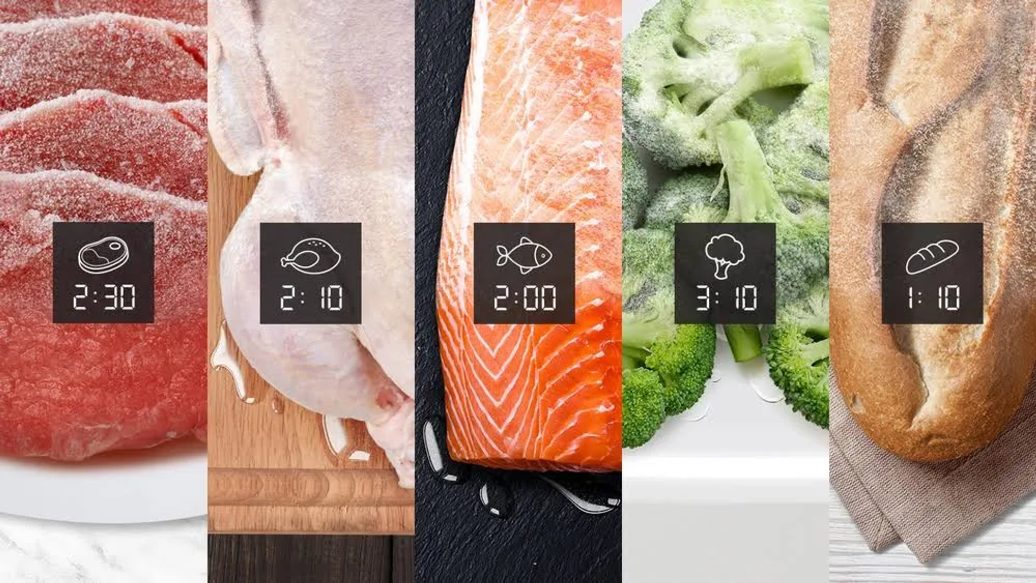 Obok siebie obraz surowej żywności z czasami gotowania: wołowina, kurczak, łosoś, brokuły i chleb.