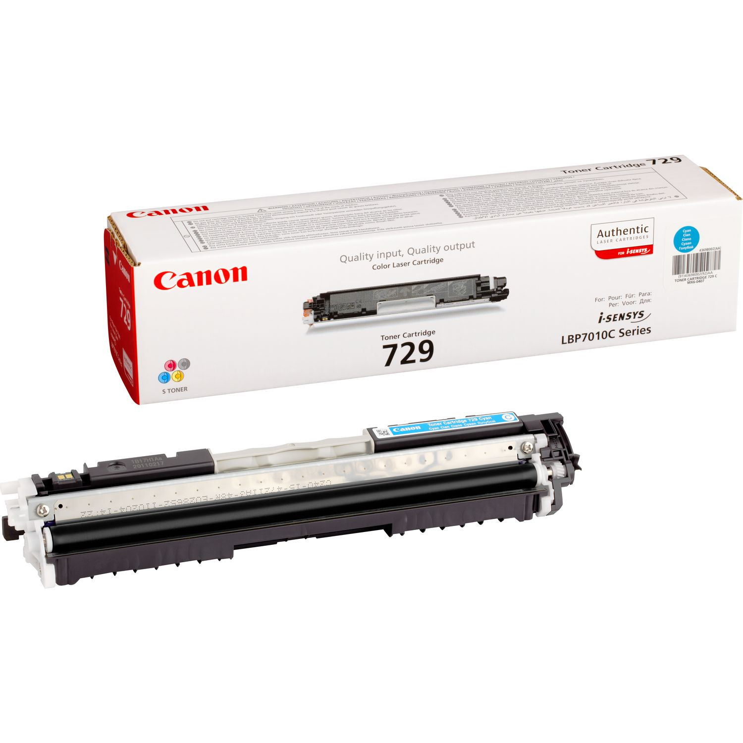 Canon 729 tonercartridge set, met doos en cartridge, op een witte achtergrond.