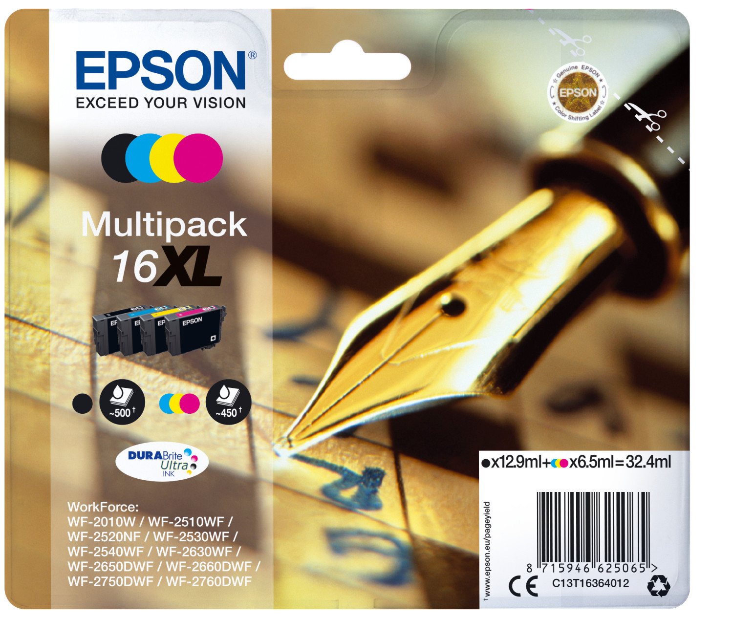 Confezione di cartucce Epson con primo piano di una penna su sfondo.