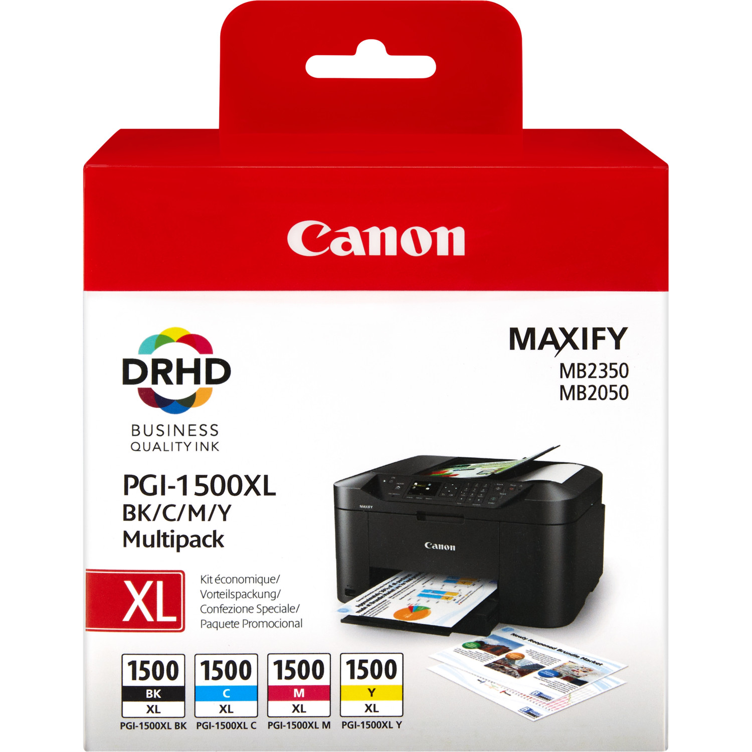 Rode en zwarte Canon MAXIFY printerinktbox. Toont printer en cartridges.