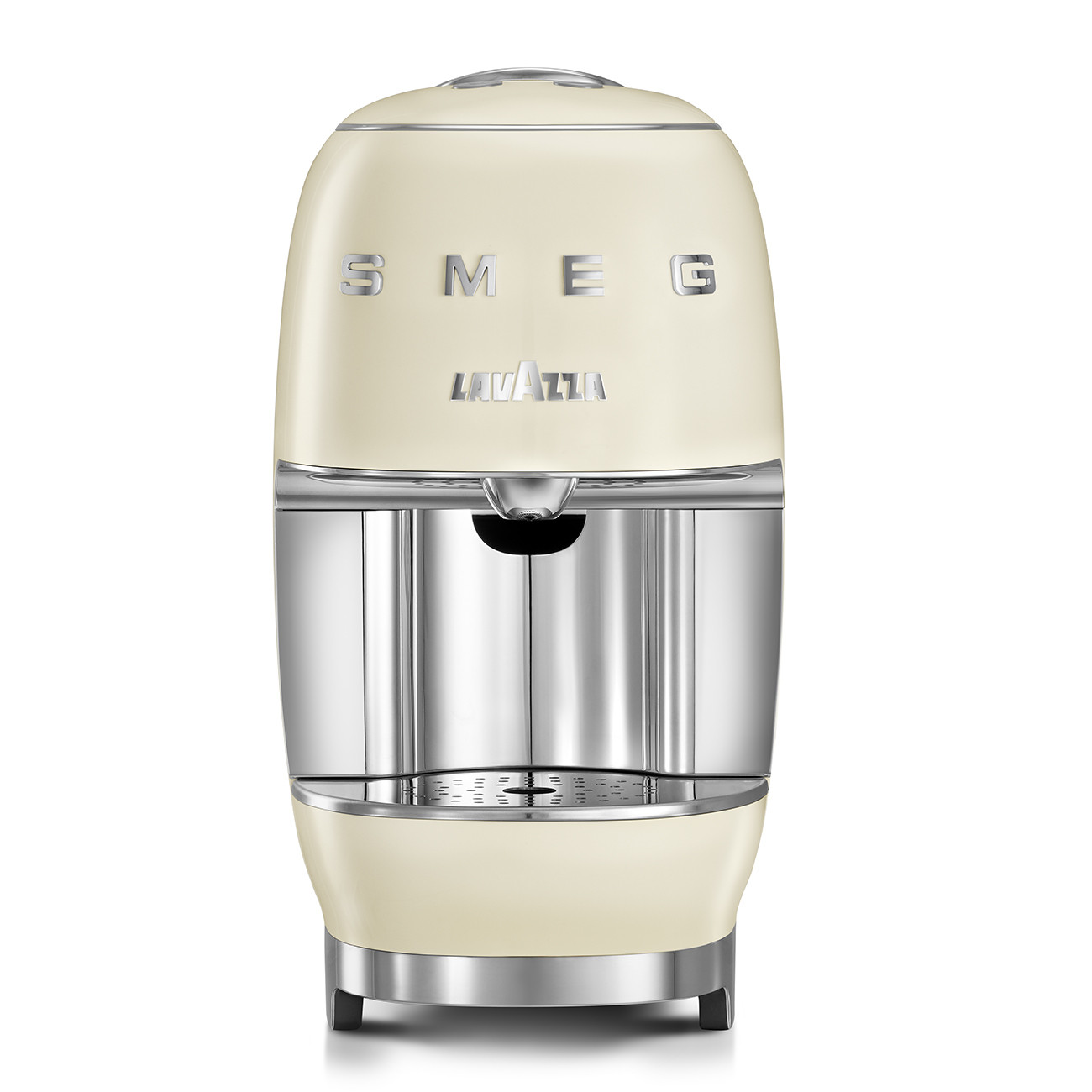 Una macchina da caffè SMEG Lavazza color crema. Ha una base cromata e il logo SMEG.