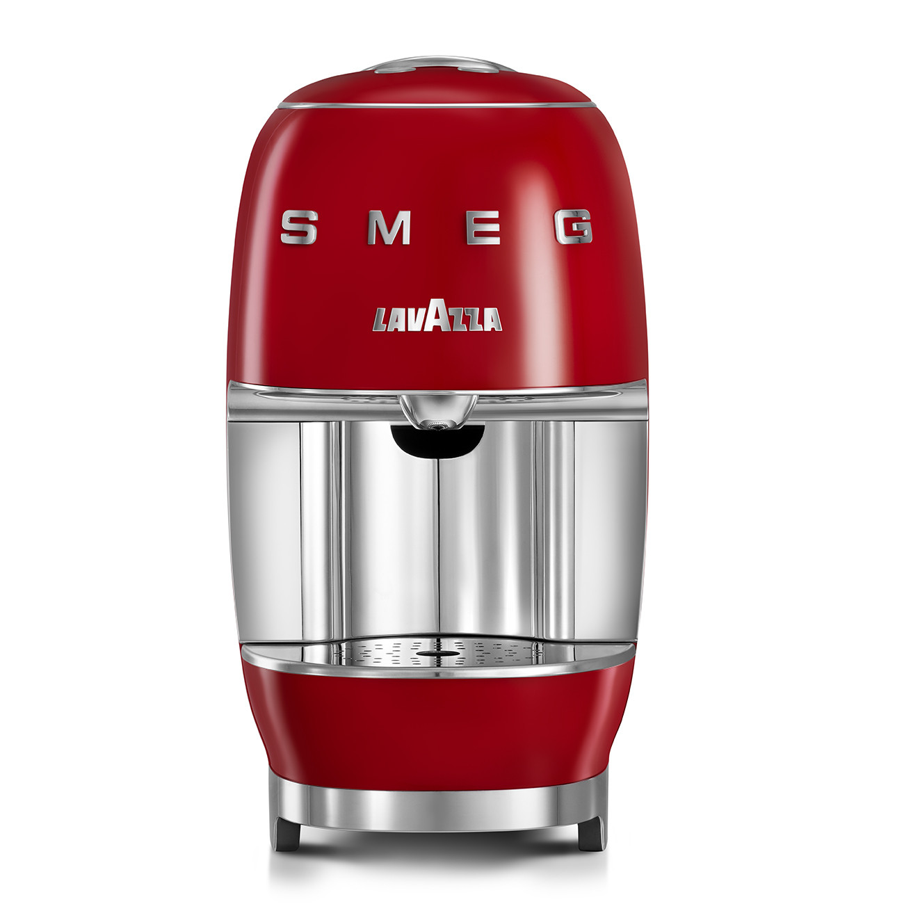 Eine rot-silberne Espressomaschine im Retro-Design, auf weißem Hintergrund.