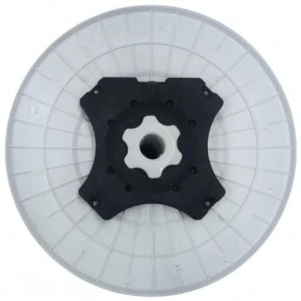 A white and gray cable reel, viewed from above, showing the spool and center.
