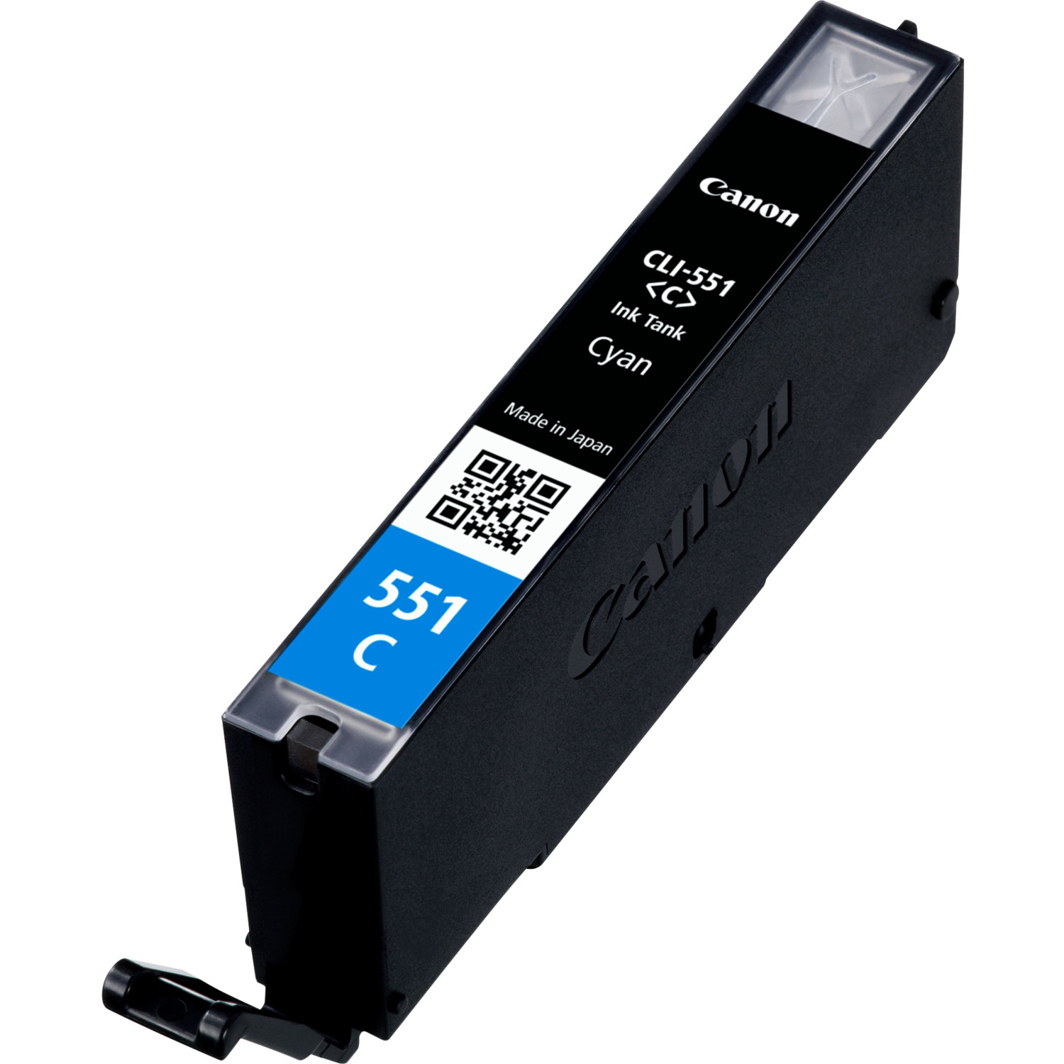 Een zwarte Canon inktcartridge met cyaan inkt. De tekst "551 C" is zichtbaar.