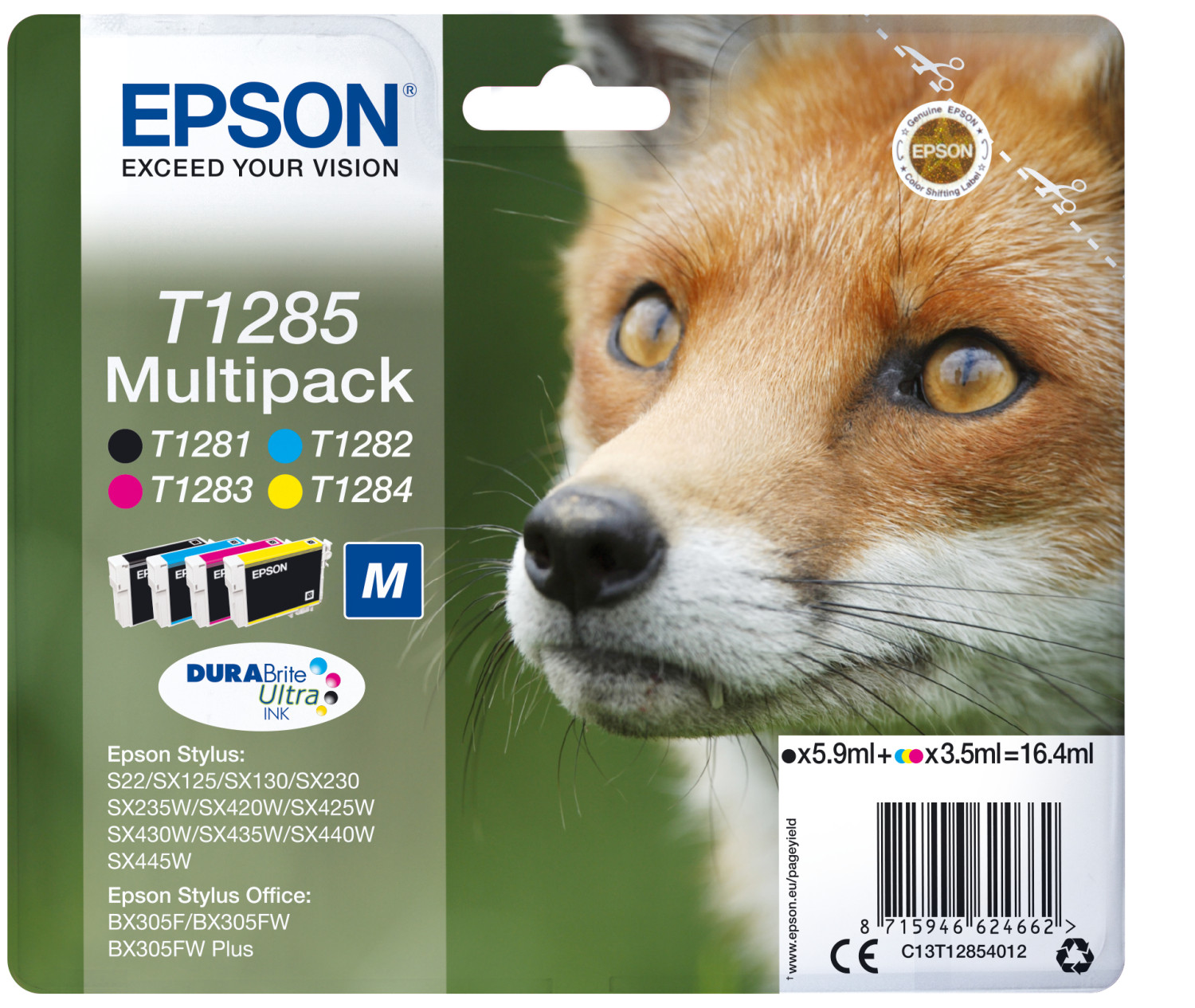 Confezione di cartucce Epson con immagine di volpe e cartucce.