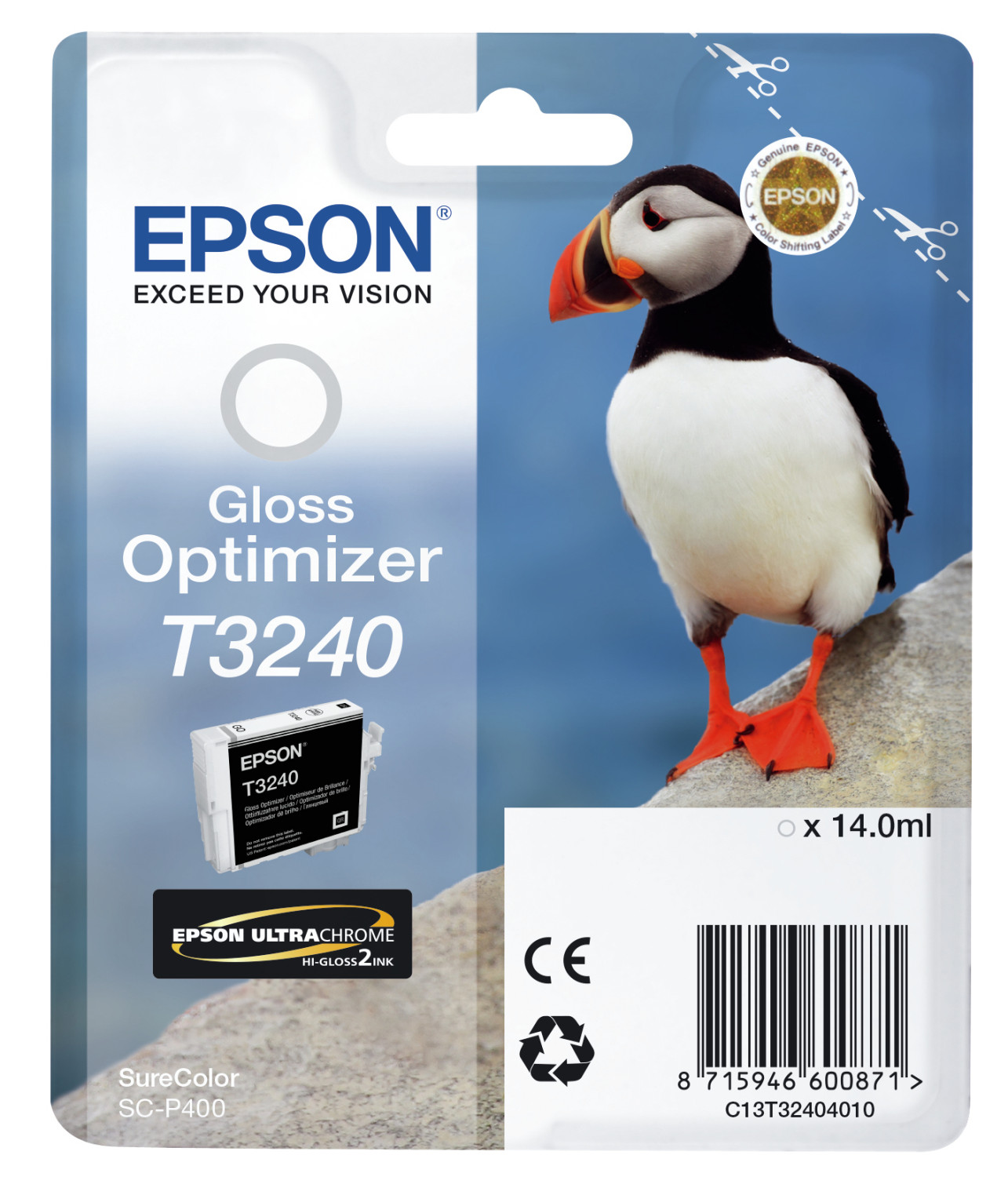 Een Epson T3240 Gloss Optimizer inktcartridge verpakking met een papegaaiduiker aan de rechterkant.