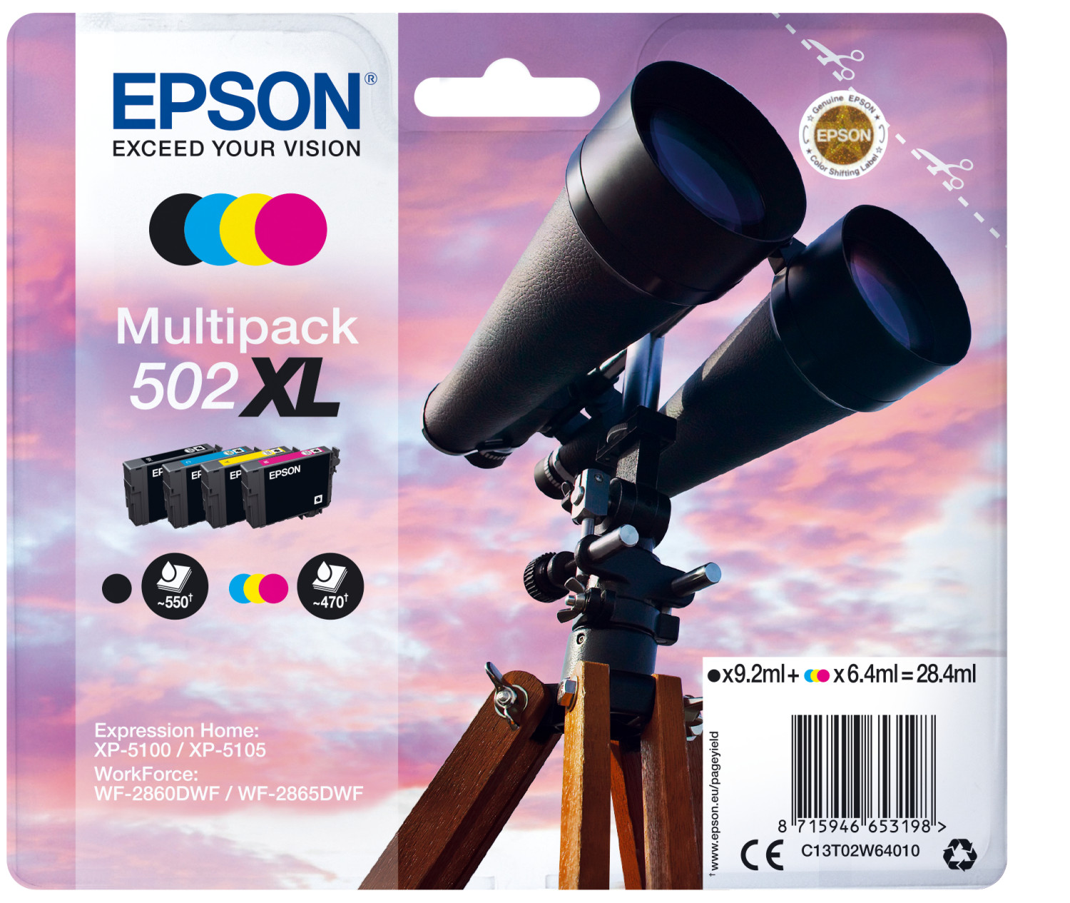 Cartucce d'inchiostro multipack Epson 502XL con telescopio e sfondo cielo.