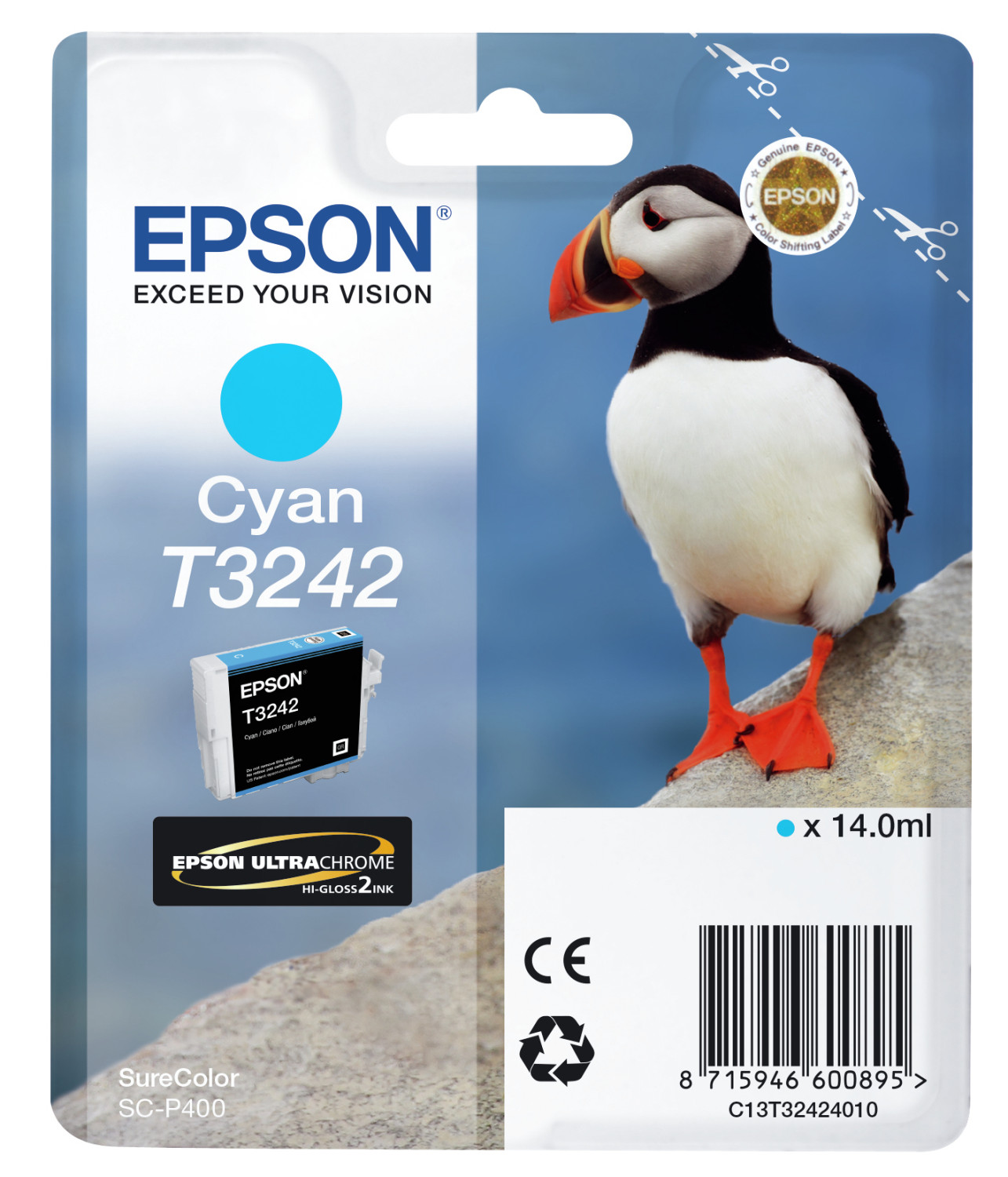 Cartucho de tinta Epson Cyan. Muestra un frailecillo y el cartucho en un entorno azul y blanco.
