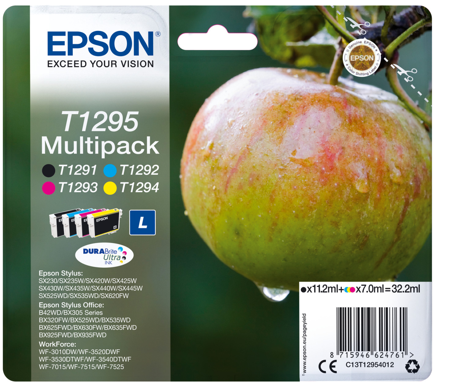 Confezione di cartucce Epson con immagine di mela e cartucce.