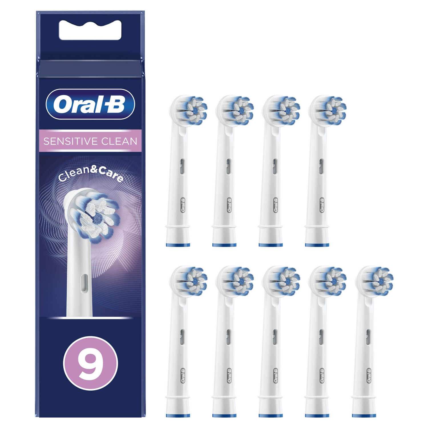 Eine Schachtel mit Oral-B Sensitive Clean Zahnbürstenköpfen, insgesamt zehn, in einer Reihe angeordnet.