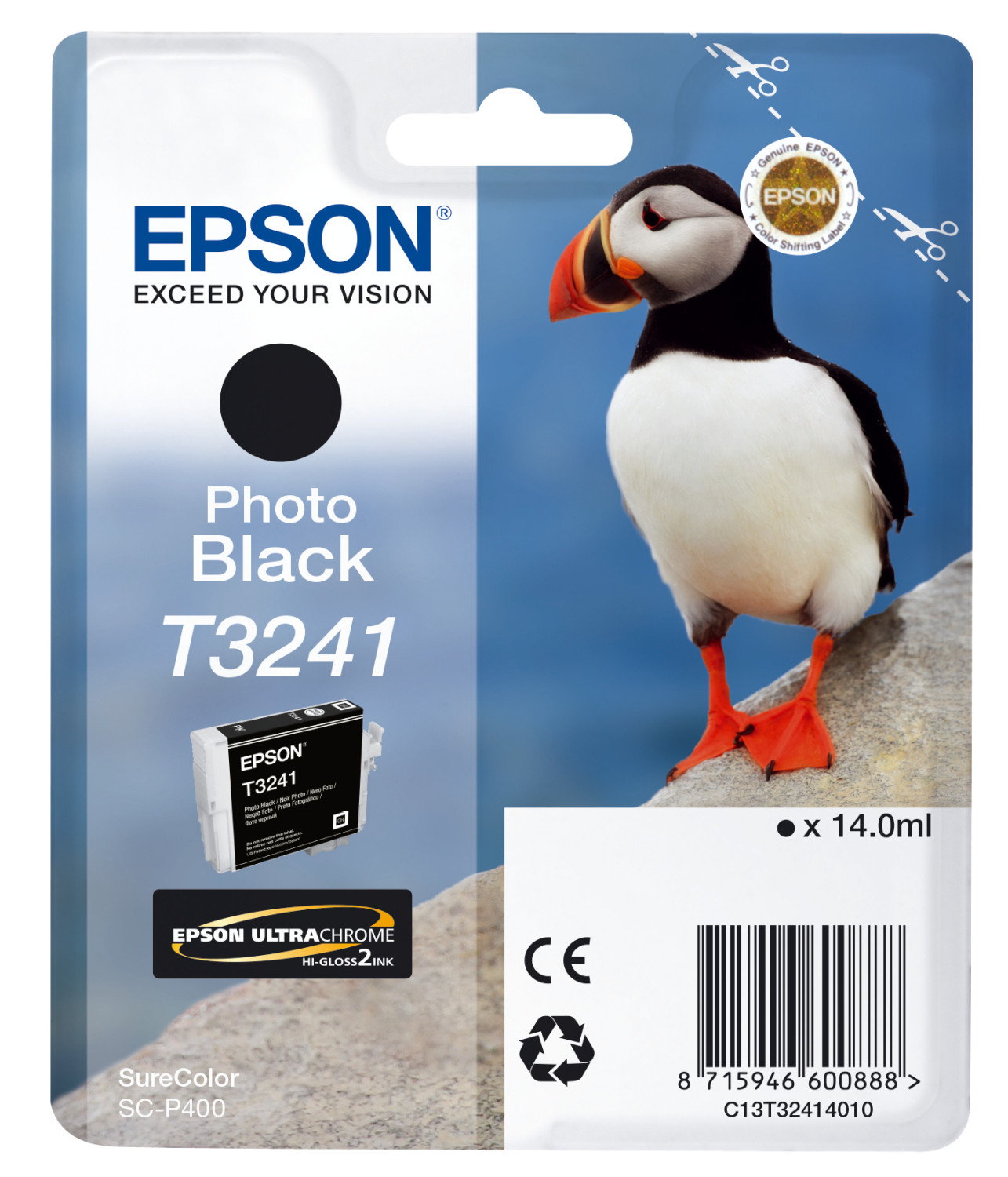 Emballage de cartouche d'encre Epson T3241 Photo Black avec une illustration de macareux.