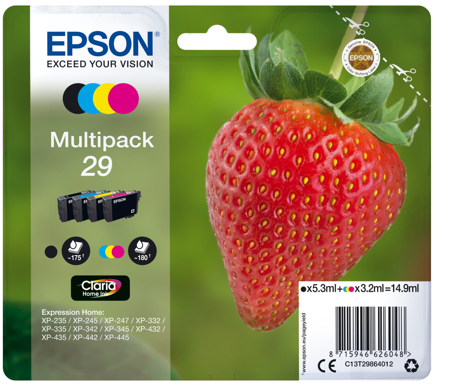 Multipack di cartucce d'inchiostro Epson e una fragola matura. Testo e cartucce di inchiostro colorate visibili.