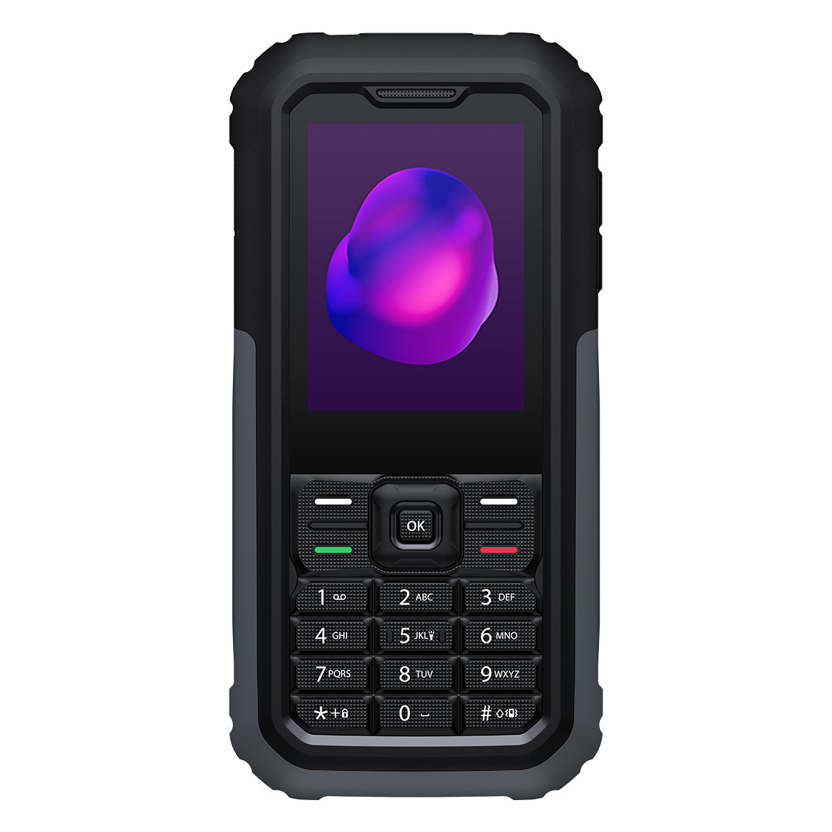 Un teléfono negro resistente con teclas numéricas y una pantalla que muestra una mancha morada.