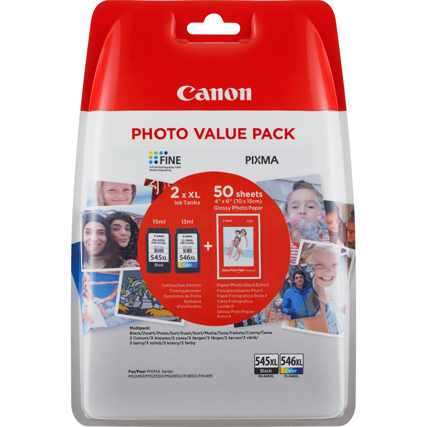 Paquete de valor fotográfico Canon. 2 cartuchos de tinta y 50 hojas de papel fotográfico brillante.