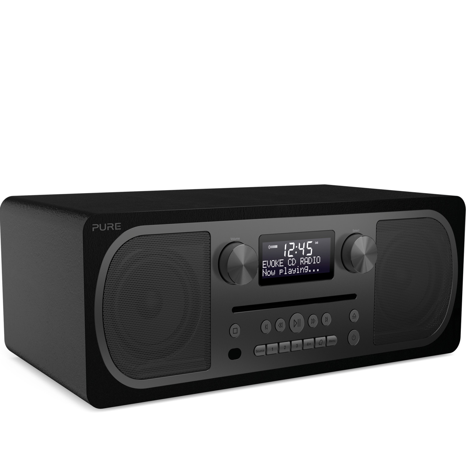 Una radio digitale nera con altoparlanti e pulsanti, mostra ora e stazione.