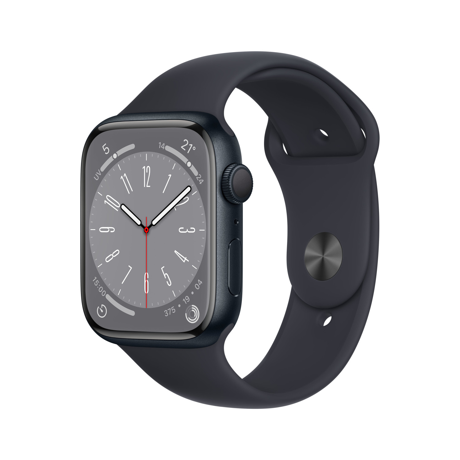 Apple Watch Series con correa azul oscuro. La esfera muestra la hora y datos.