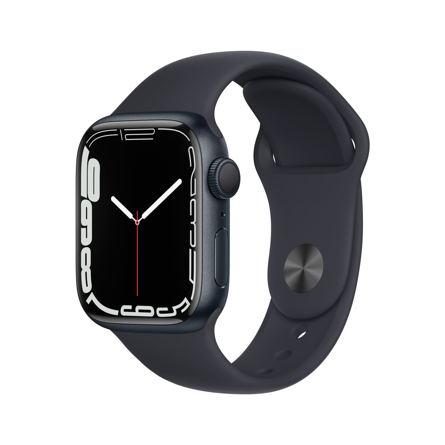 Apple Watch azul oscuro con correa azul oscuro, pantalla negra mostrando la hora.