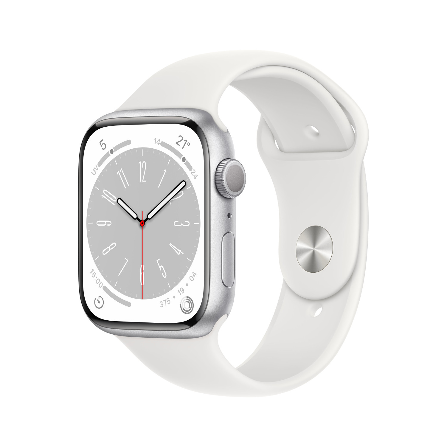 Un Apple Watch con correa blanca y pantalla gris. El reloj está sobre una superficie blanca.