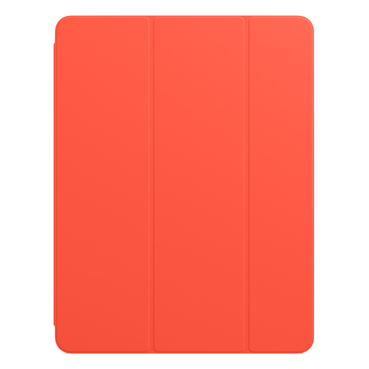 Orangene iPad-Hülle, geschlossen. Die Hülle ist glatt und hat drei vertikale Segmente.