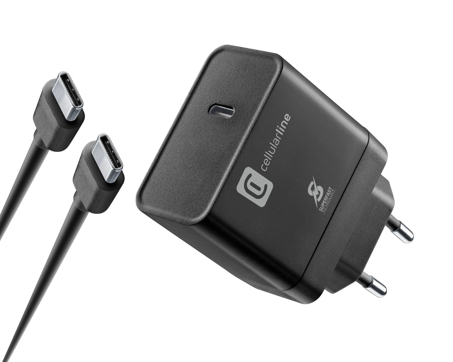 Caricabatterie nero e due cavi USB-C neri.