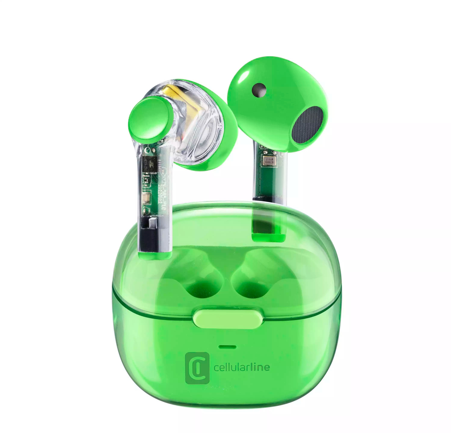 Auricolari verdi con custodia di ricarica abbinata. Gli auricolari hanno sezioni trasparenti.