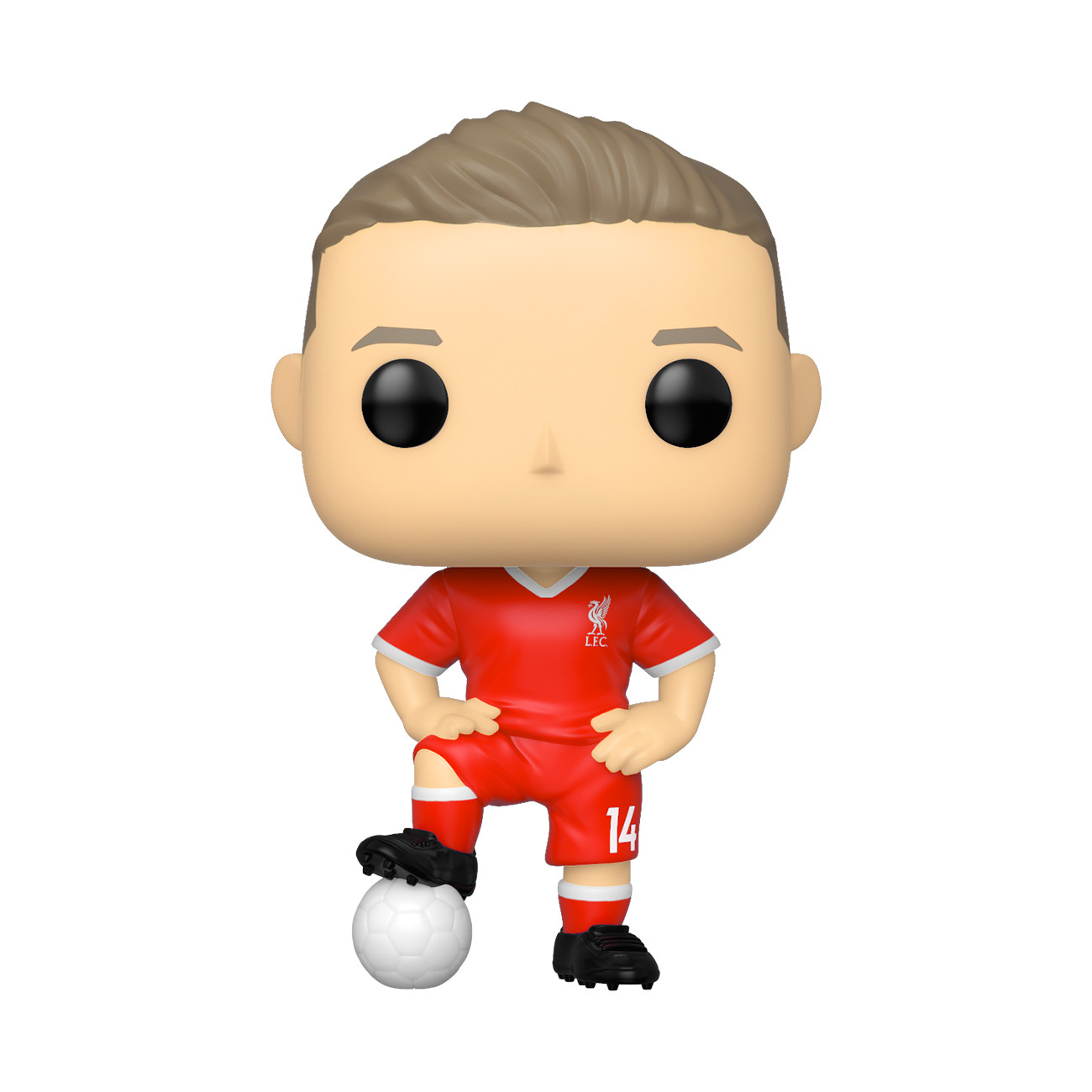 Funko Pop eines Fußballspielers in roter Uniform, der auf einem Ball steht, weißer Hintergrund.