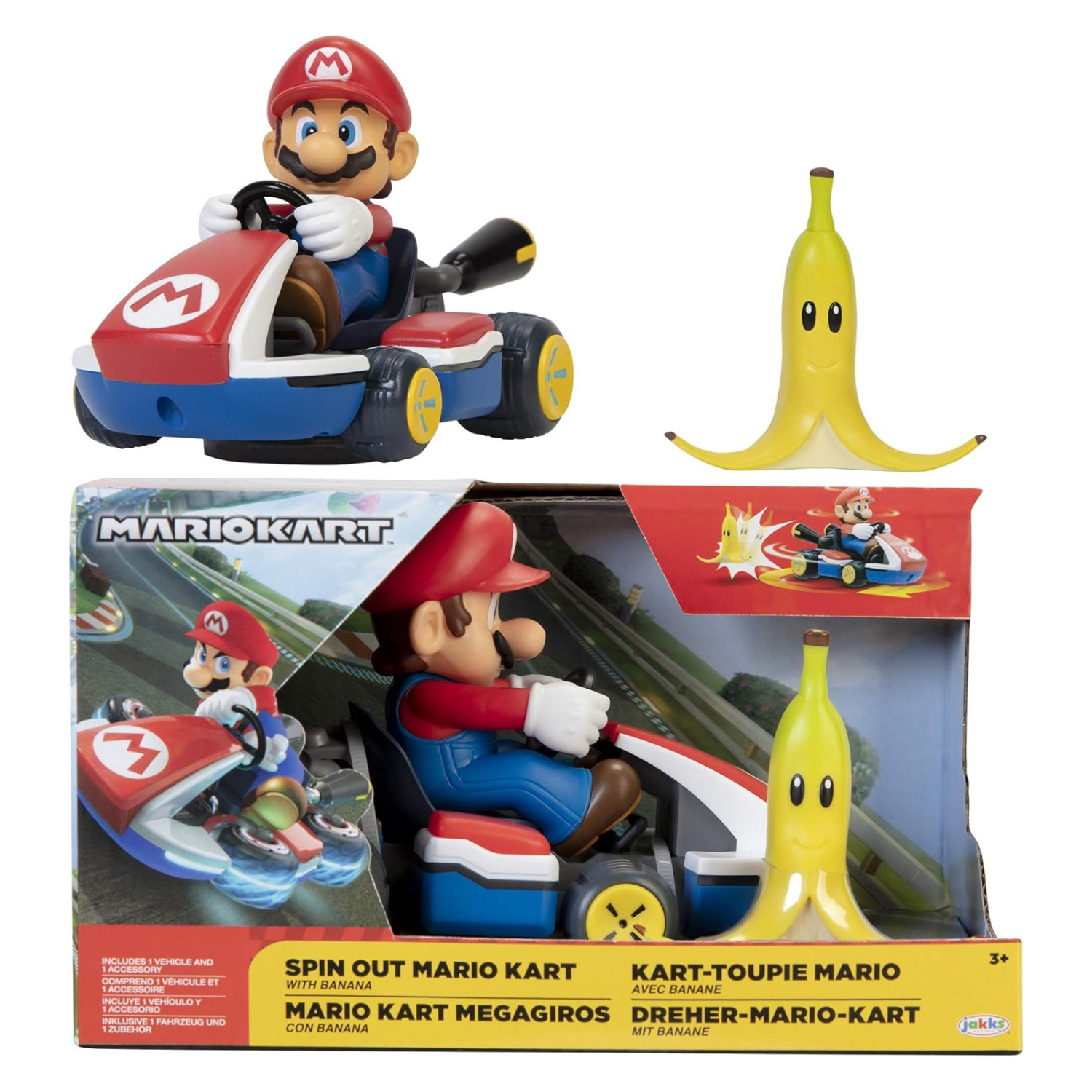 Juego de juguetes Mario Kart, incluye figura de Mario conduciendo un kart y una cáscara de plátano.