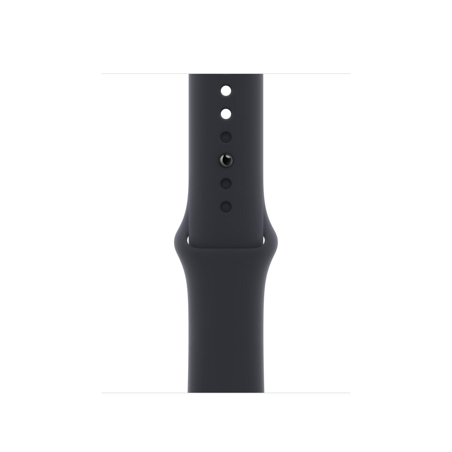 Donkerblauwe Apple Watch band, met gaatjes en een sluiting.