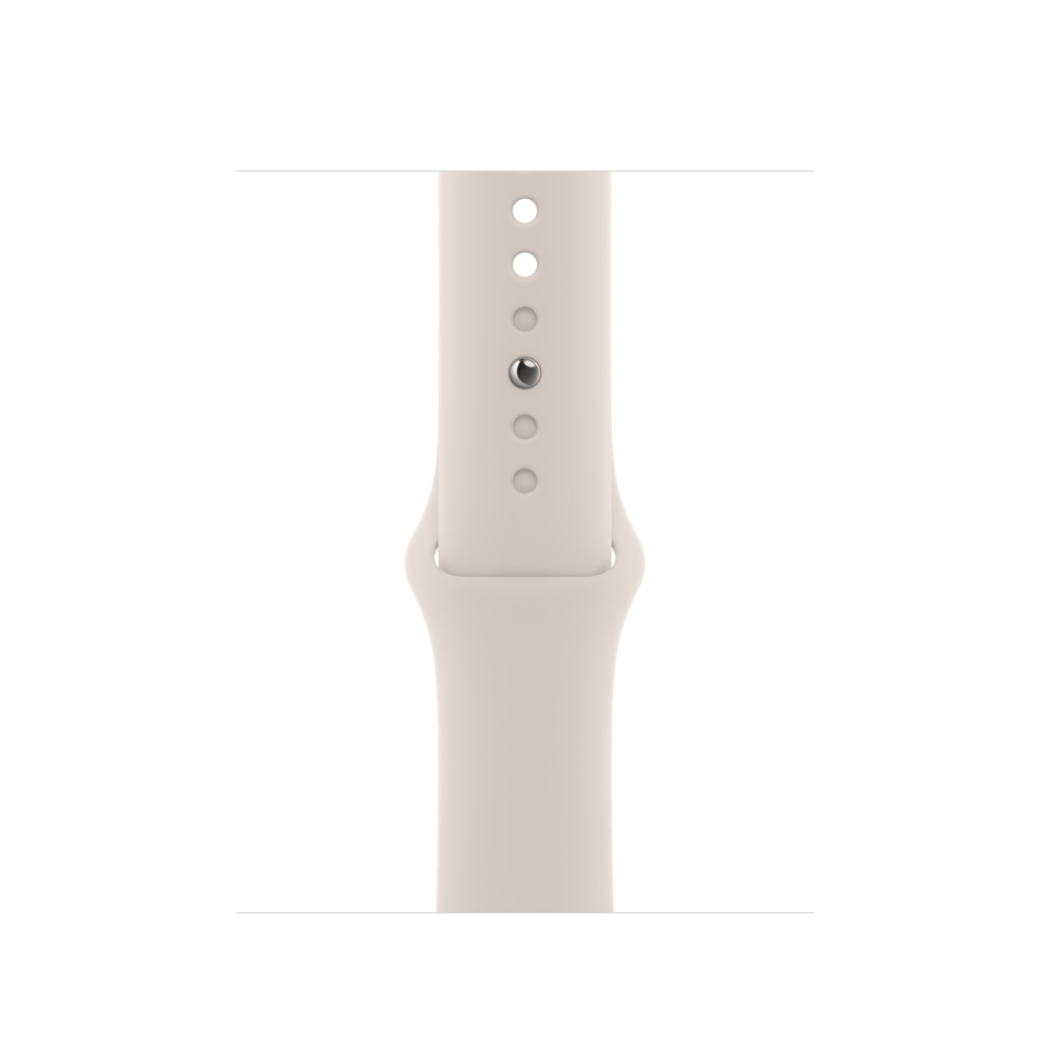 Light beige smartwatch strap with holes and a clasp, white background.