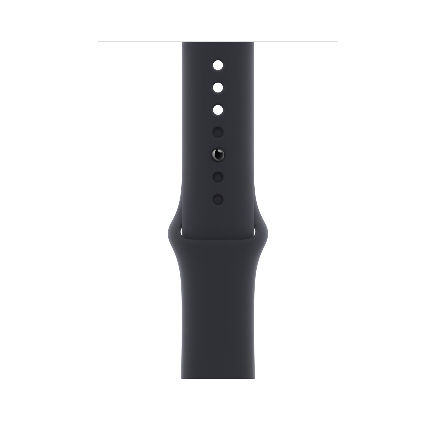 Gros plan sur un bracelet de montre bleu foncé avec quatre trous. Fond blanc.