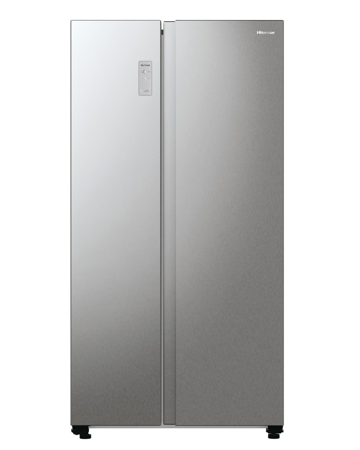 Un frigorifero Hisense side-by-side argento su sfondo bianco. Ha due porte e un pannello di controllo.