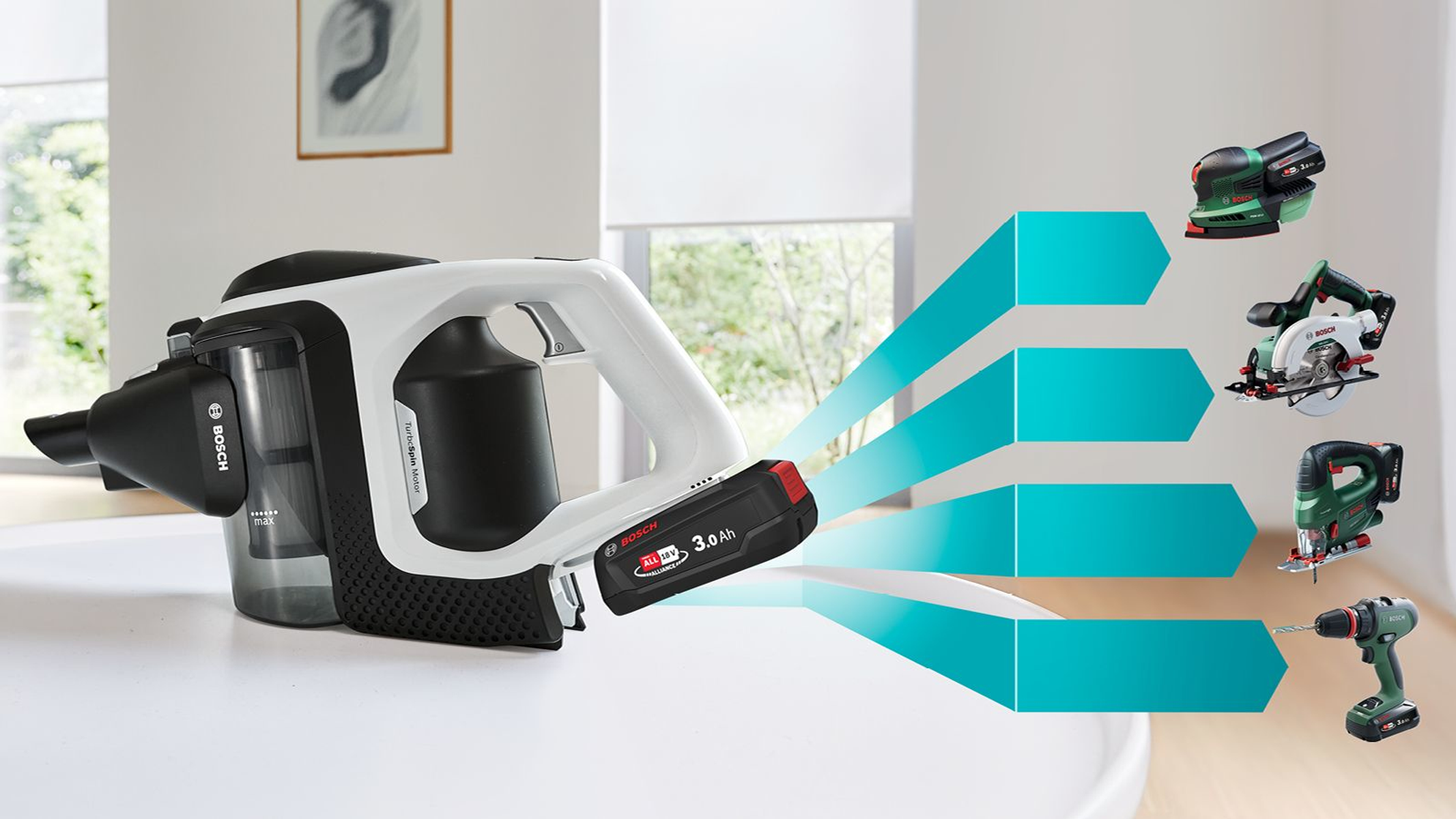 Kabelloser Staubsauger mit Akku und Illustrationen verschiedener Elektrowerkzeuge.
