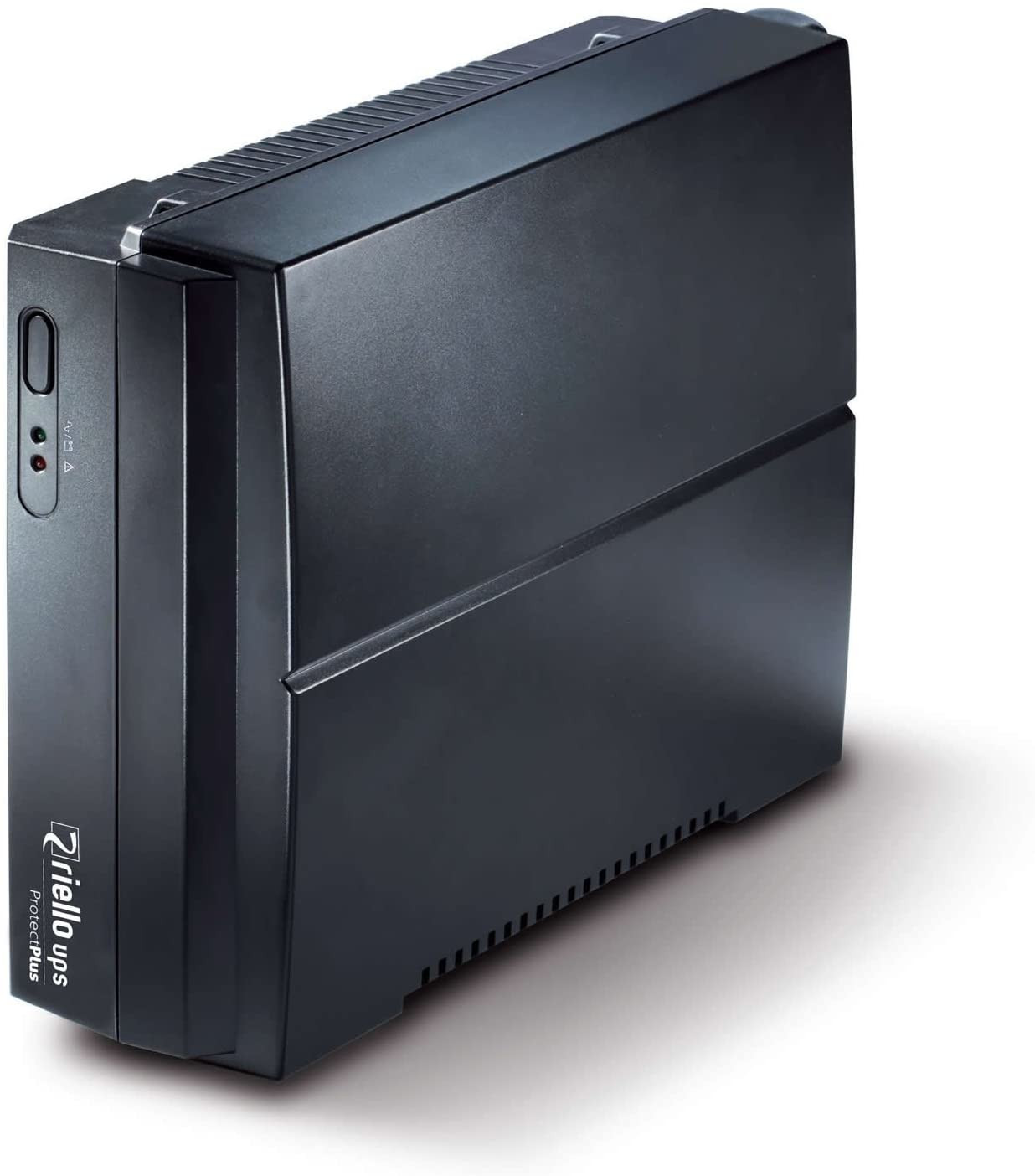 Riello UPS ProtectPlus negro, con botón de encendido y luces indicadoras en la parte frontal.
