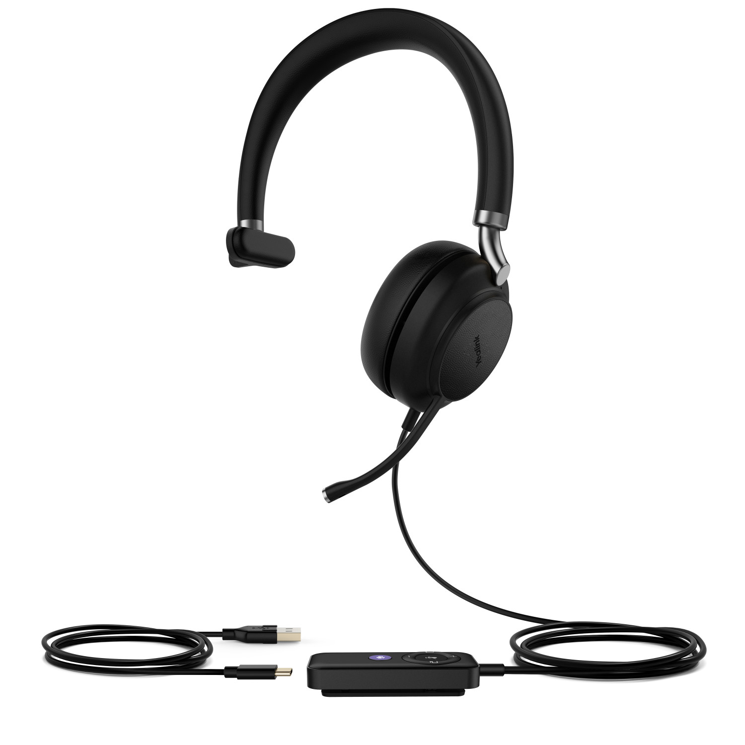 Casque Yealink noir avec connecteur USB et unité de contrôle.